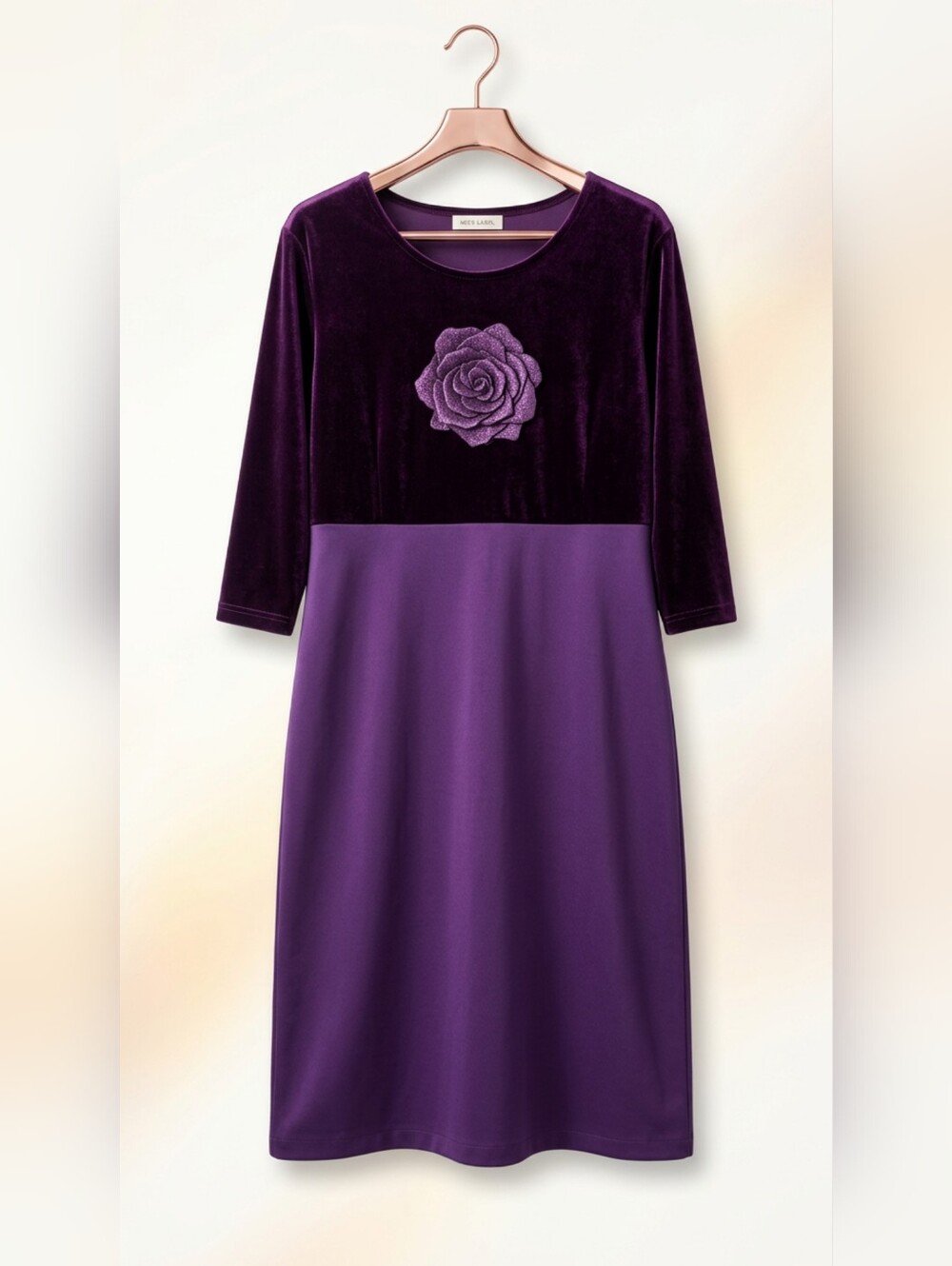 Women's Purple Two-Tone Long Sleeve Velvet Dress with Whimsical Rose Applique